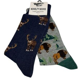 Twisted Toes Crew Socks Mens 8-13 NEW 2 Pair Caribou Moose Lion Novelty Socks